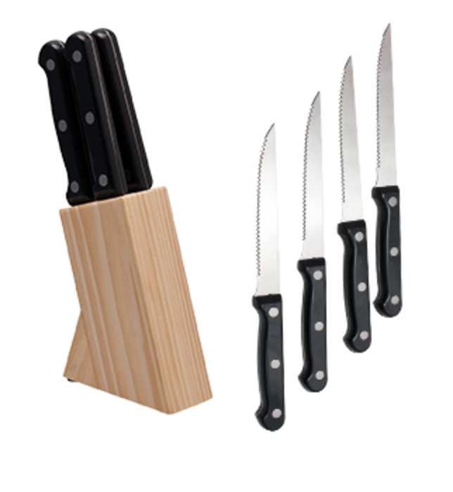 SET DE 4 CUCHILLOS DE ACERO INOXIDABLE Y BASE DE MADERA